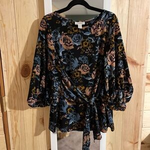 Motherhood Maternity Black Orange Pink Blue Floral Tie Front Blouse